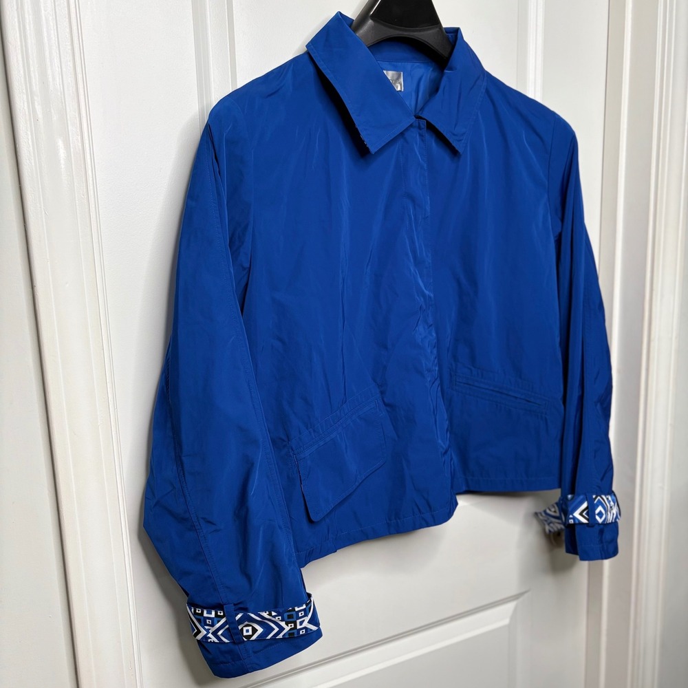 Chico's Swing Time Bright Blue Geometric Jacket Sz 3 XL Coastal Chic Outerwear